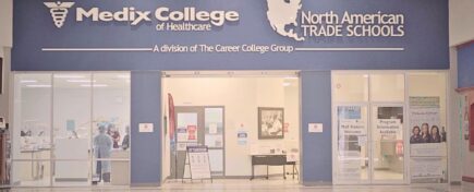 A personal support worker class as seen through the Medix College entrance windows.